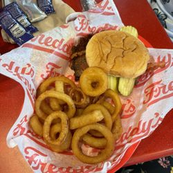 Freddy's Frozen Custard & Steakburgers - #2 Bacon & Cheese Double Combo with onion rings that I shared with my mom. Absolutely delicious!!!