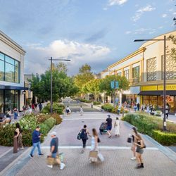 Broadway Plaza - Zara and L'Occitane storefronts face each other across Broadway Plaza's landscaped pedestrian walkway.