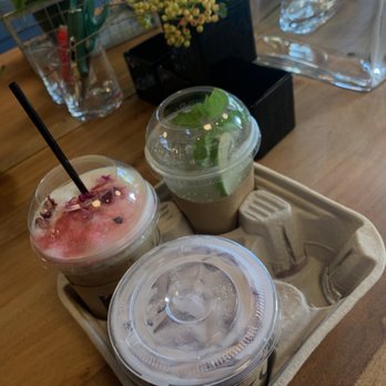Kunst Coffee Haus - rose latte (top left) mint mojito (top right) sweet potato latte (bottom left) - Coffee & Tea Near Me - Bayside, New York Kunst Coffee Haus - rose latte (top left) mint mojito (top right) sweet potato latte (bottom left) - Coffee & Tea Near Me - Bayside, New York
