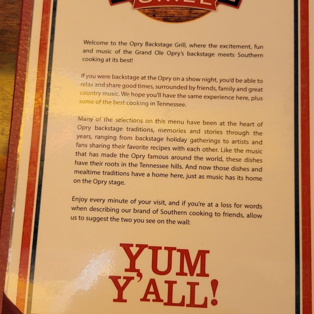 Opry Backstage Grill - Inside menu - American Near Me - Nashville, Tennessee Opry Backstage Grill - Inside menu - American Near Me - Nashville, Tennessee