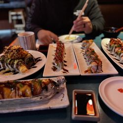 Mexican roll, Red Dragon, Sake, Power, and Baked Salmon Roll