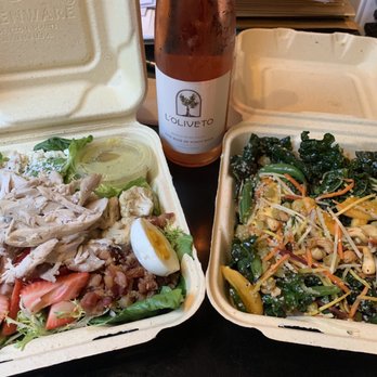 Johnston's Saltbox - (Right) Kai Asian Salad w/chicken, (Left) Saltbox Cobb, bottle of L'Oliveto Rose - New American Near Me - San Carlos, California