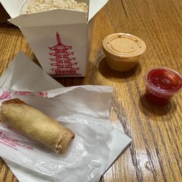 Spring Roll, Fried Rice, 2 Oz. Shrimp(yum yum) Sauce, Sweet and Sour Sauce
