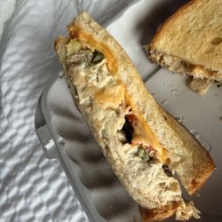 Cross section of tuna melt (Got steamed up a little bit in the container but the bread was perfectly toasted when we first got it)