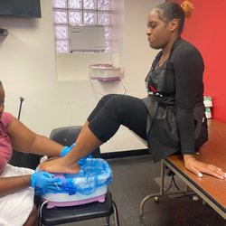 Brittany Beauty Academy Brooklyn - Practicing pedicure in the basement with mo pedicure chairs