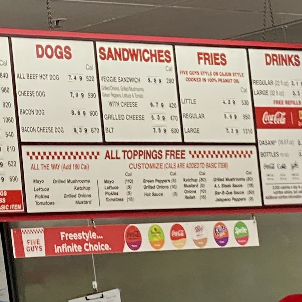 Five Guys - Menu. Expensive prices. Sorry it's blurry. - Fast Food Near Me - Hayward, California Five Guys - Menu. Expensive prices. Sorry it's blurry. - Fast Food Near Me - Hayward, California