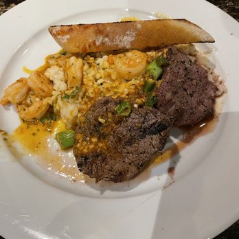 Boulder Creek - Filet Medallions with Garlic Shrimp* and risotto (minus 5 or so shrimp that I ate before snapping the photo). - American Near Me - Brownsburg, Indiana