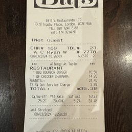 Receipt, with what seems to be standard now by automatically adding 12.5%