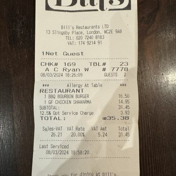 Bill's - Receipt, with what seems to be standard now by automatically adding 12.5% - British Near Me - London, XGL