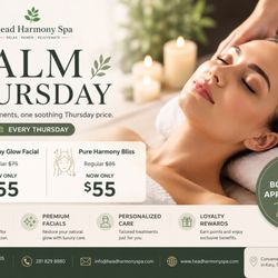 Head Harmony Spa - Take a moment to relax and recharge at Head Harmony Spa
Enjoy our Calm Thursday Specials with signature treatments for only $55 every Thur