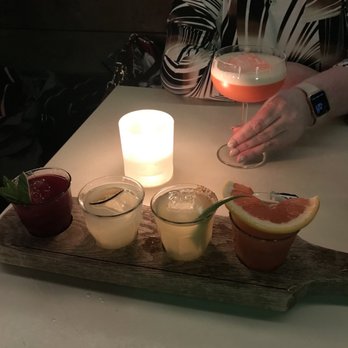 La Mezcaleria - Flight of margaritas and Merida Sunset (smoky tropical fruit drink) suggested by our server. - Mexican Near Me - Vancouver, British Columbia La Mezcaleria - Flight of margaritas and Merida Sunset (smoky tropical fruit drink) suggested by our server. - Mexican Near Me - Vancouver, British Columbia