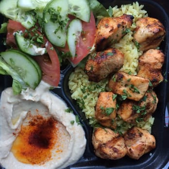 Green Olive - Chicken Kabob platter with rice,hummus,cucumber salad. - Mediterranean Near Me - Downey, California
