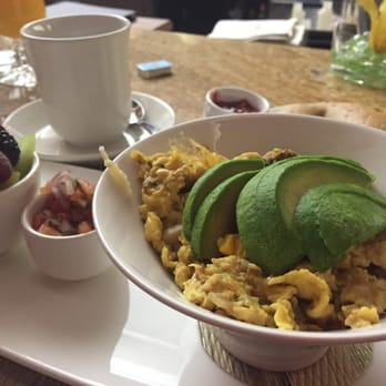 Canyon Ranch - Sonora Scramble with fruit and salsa with a side of peanut butter and sprouted grain bagel. Delicious! - Breakfast & Brunch Near Me - Las Vegas, Nevada