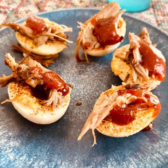 Mine Train Smokery - Deviled Eggs w/ Pork - Barbeque Near Me - Twentynine Palms, California Mine Train Smokery - Deviled Eggs w/ Pork - Barbeque Near Me - Twentynine Palms, California