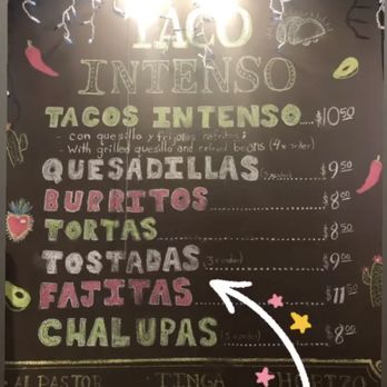 Taco Intenso - Hand written menu - Tacos Near Me - North Bergen, New Jersey Taco Intenso - Hand written menu - Tacos Near Me - North Bergen, New Jersey
