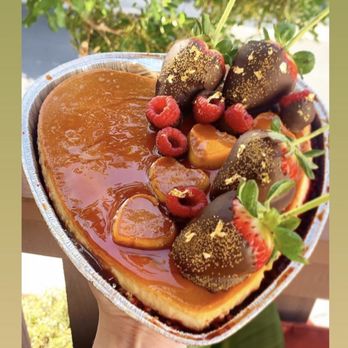 Flan Flambé - Valentines Day Red Velvet Flan with chocolate strawberries and raspberries! - Bakeries Near Me - Chula Vista, California