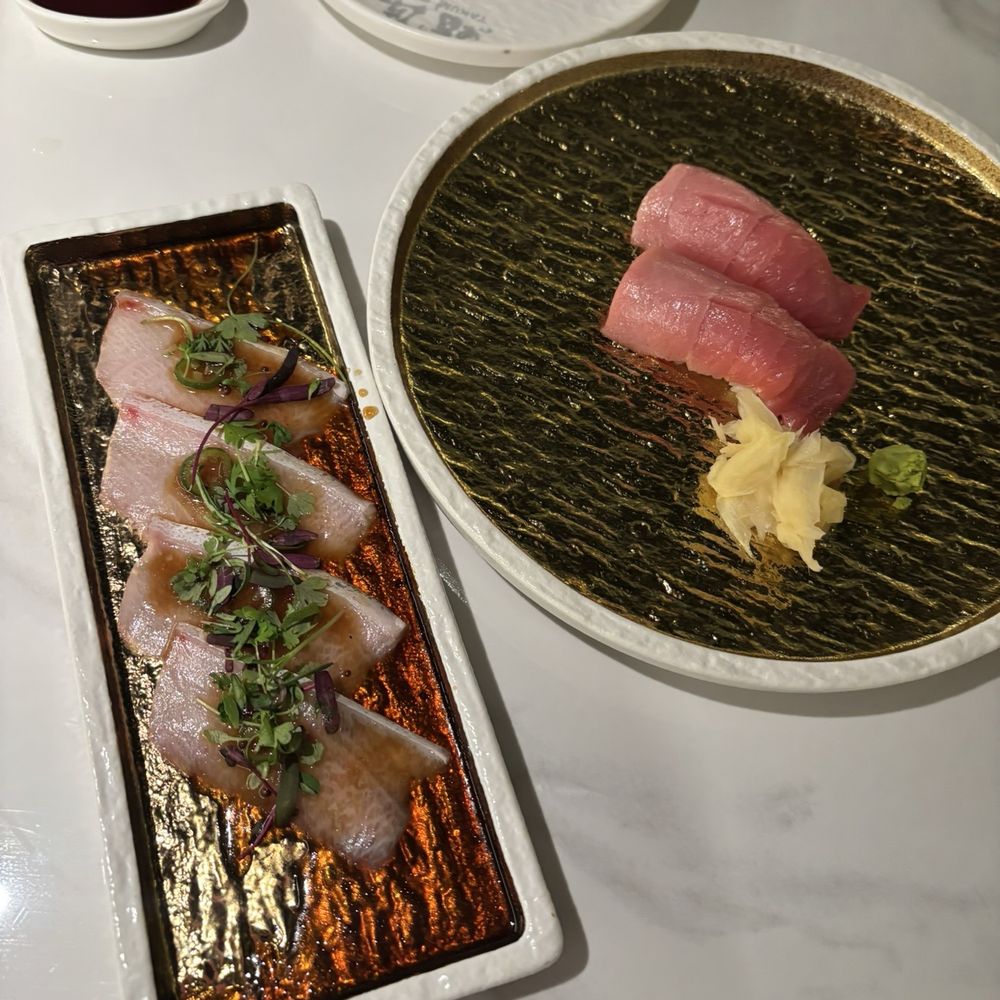 Yellowtail jalapeño appetizer and toro nigiri Yellowtail jalapeño appetizer and toro nigiri