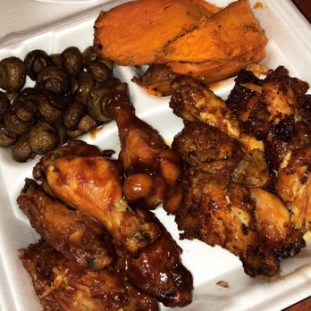 Zook's BBQ Barn - Hot bbq wings with a side of sweet potato and mushrooms - Barbeque Near Me - Newtown, Pennsylvania
