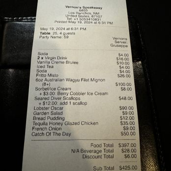 Vernon's Speakeasy - Bill - Steakhouses Near Me - Los Ranchos, New Mexico