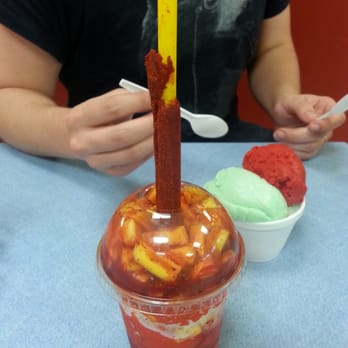 Morada Neveria - Mangonada and $3 cup of ice cream. Green scoop is lime agua, red is strawberry agua, underneath is the bagavara (??). - Desserts Near Me - Stockton, California Morada Neveria - Mangonada and $3 cup of ice cream. Green scoop is lime agua, red is strawberry agua, underneath is the bagavara (??). - Desserts Near Me - Stockton, California