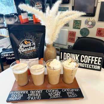 Loud'n Roasted Coffee Roasters - Flight of peppermint mocha, gingerbread, cookie butter, cinnamon bun - Coffee Roasteries Near Me - Chantilly, Virginia