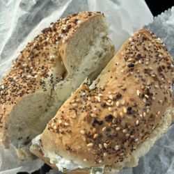 B & B Bagelhouse - Everything bagel toasted with jalapeño cream cheese