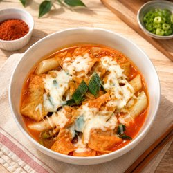Why Not Boba - Korean Cheese Tteokbokki for two! Made with rice cakes, fish cakes, vegetables, and sausages. Optional add-on, egg, noodles, and rice.