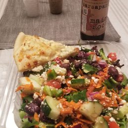 Greek salad (without mozzarella), feta bread and sarsaparilla root bear!