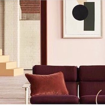 Fabric Bistro - We love the blush wall color that beautifully frames the plush velvet couch in a dramatic shade of burgundy. - Fabric Stores Near Me - Columbia, South Carolina Fabric Bistro - We love the blush wall color that beautifully frames the plush velvet couch in a dramatic shade of burgundy. - Fabric Stores Near Me - Columbia, South Carolina
