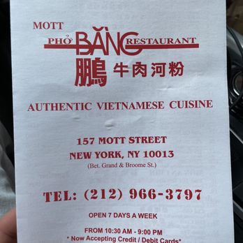 Pho Bang - Menu front - Vietnamese Near Me - New York, New York