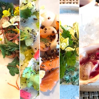Arden  - Cauliflower bisque, taradito of halibut, red trout crudo, Dungeness crab tartlet, oyster. Mmmmmm...! - New American Near Me - Portland, Oregon