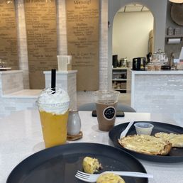 Egg bites, croissants, mango smoothie, iced mocha