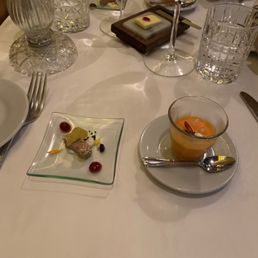 Amuse bouche with paste and gazpacho.