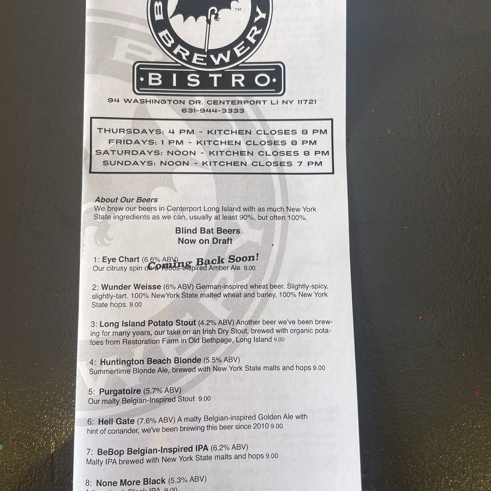 Blind Bat Brewery Bistro - Menu - Brewpubs Near Me - Centerport, New York