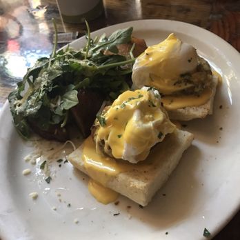 Fig Tree Cafe - House Made Lobster & Blue Crab Cakes Bennie (notice one of the poach egg didn't have a yolk) - Breakfast & Brunch Near Me - San Diego, California