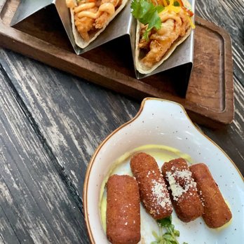 Doce Provisions - Chorizo Croquettes and shrimp Shrimp Po' Boy Tacos - New American Near Me - Miami, Florida Doce Provisions - Chorizo Croquettes and shrimp Shrimp Po' Boy Tacos - New American Near Me - Miami, Florida