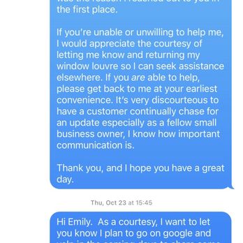 TaylorMade Window Fashions - Text communication between Emily and I - Shutters Near Me