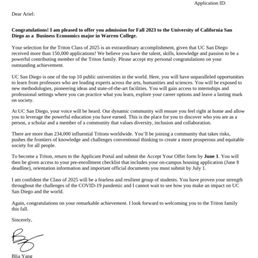 UCSD acceptance letter UCSD acceptance letter