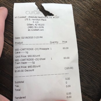 Curaleaf - Receipt from the exchange - Cannabis Clinics Near Me - Gilbert, Arizona