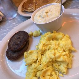 Eggs, sausage, grits Eggs, sausage, grits