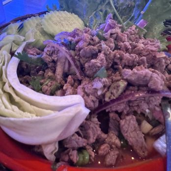 C3 Lounge - Beef Laab Seen (Steak) which is a seasoned mince meat spicy salad garnished w cabbage and cucumbers - Lounges Near Me - Las Vegas, Nevada C3 Lounge - Beef Laab Seen (Steak) which is a seasoned mince meat spicy salad garnished w cabbage and cucumbers - Lounges Near Me - Las Vegas, Nevada