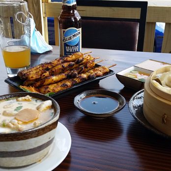 Basil Leaf Grill - Tom Kha Gai (chicken coconut soup), chicken satay, and Knom Jeep (veggie dumplings) - Thai Near Me - Baldwin, New York