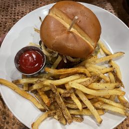 Bacon BBQ burger and fries. Great fries. Good burger. Bacon BBQ burger and fries. Great fries. Good burger.