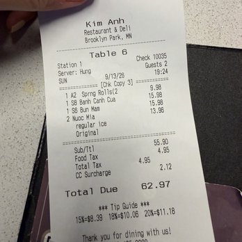 Kim Anh Restaurant - receipt - Vietnamese Near Me - Brooklyn Park, Minnesota