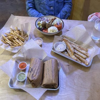 Spitz - Little Tokyo - The Vegan Wrap Vegan Medi Bowl Fried Pita Strips with Hummus Thin Cut Fries - Mediterranean Near Me - Los Angeles, California Spitz - Little Tokyo - The Vegan Wrap Vegan Medi Bowl Fried Pita Strips with Hummus Thin Cut Fries - Mediterranean Near Me - Los Angeles, California