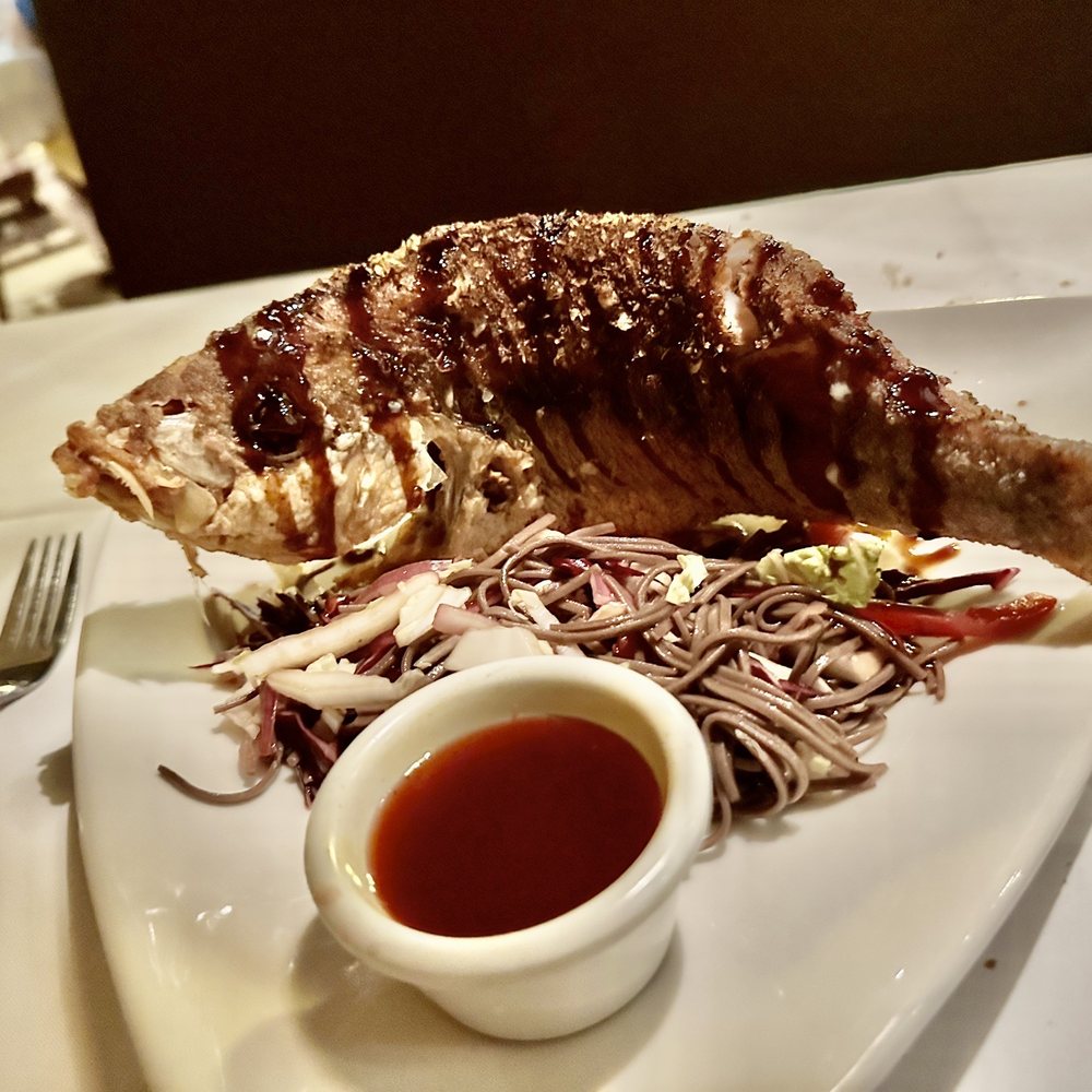 Crispy Fried Whole Yellowtail Asian Soba Noodle Salad with Napa Cabbage, Chinese Red Vinegar Dipping Sauce Crispy Fried Whole Yellowtail Asian Soba Noodle Salad with Napa Cabbage, Chinese Red Vinegar Dipping Sauce
