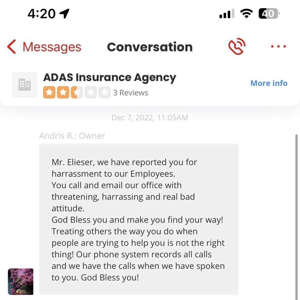 ADAS Insurance Agency - Bad response from owner - Auto Insurance Near Me