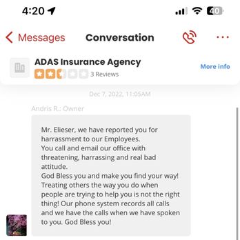 ADAS Insurance Agency - Bad response from owner - Auto Insurance Near Me