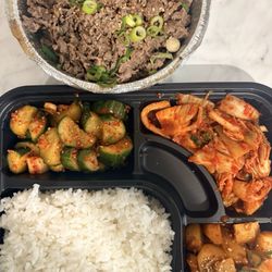 Beef Bulgogi with kimchi, cucumber kimchi, and potatoes