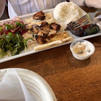 Anatolia - Chicken Shish, seasoned rice, salad, garlic paste. - Mediterranean Near Me - Huntington Beach, California